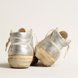 Golden Goose Mid Star Sneakers In Silver Metallic Leather With Ivory Star GMF00408.F004083.70259