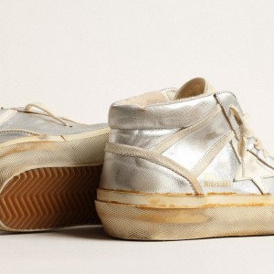 Golden Goose Mid Star Sneakers In Silver Metallic Leather With Ivory Star GWF00408.F004083.70259