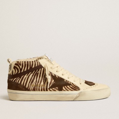 Golden Goose Mid Star Sneakers In Zebra-print Pony Skin With Suede Star And Brown Flash GWF00122.F005156.82497