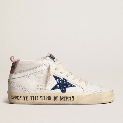 Golden Goose Mid Star Sneakers With Blue Glitter Star And Pink Suede Heel Tab GWF00122.F003979.11355