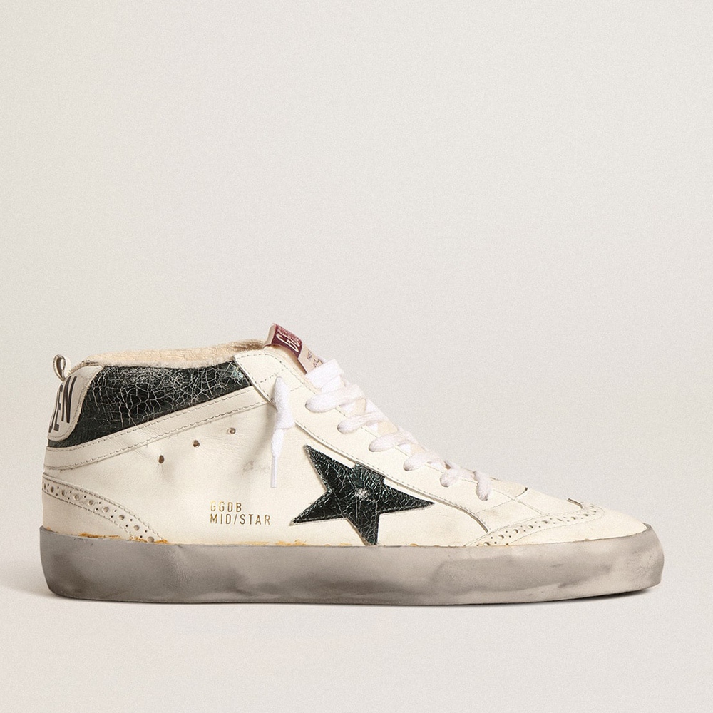 Golden Goose Mid Star Sneakers With Green Metallic Leather Star And White Flash GMF00123.F004532.11488