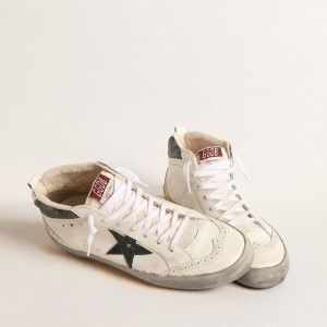 Golden Goose Mid Star Sneakers With Green Metallic Leather Star And White Flash GMF00123.F004532.11488