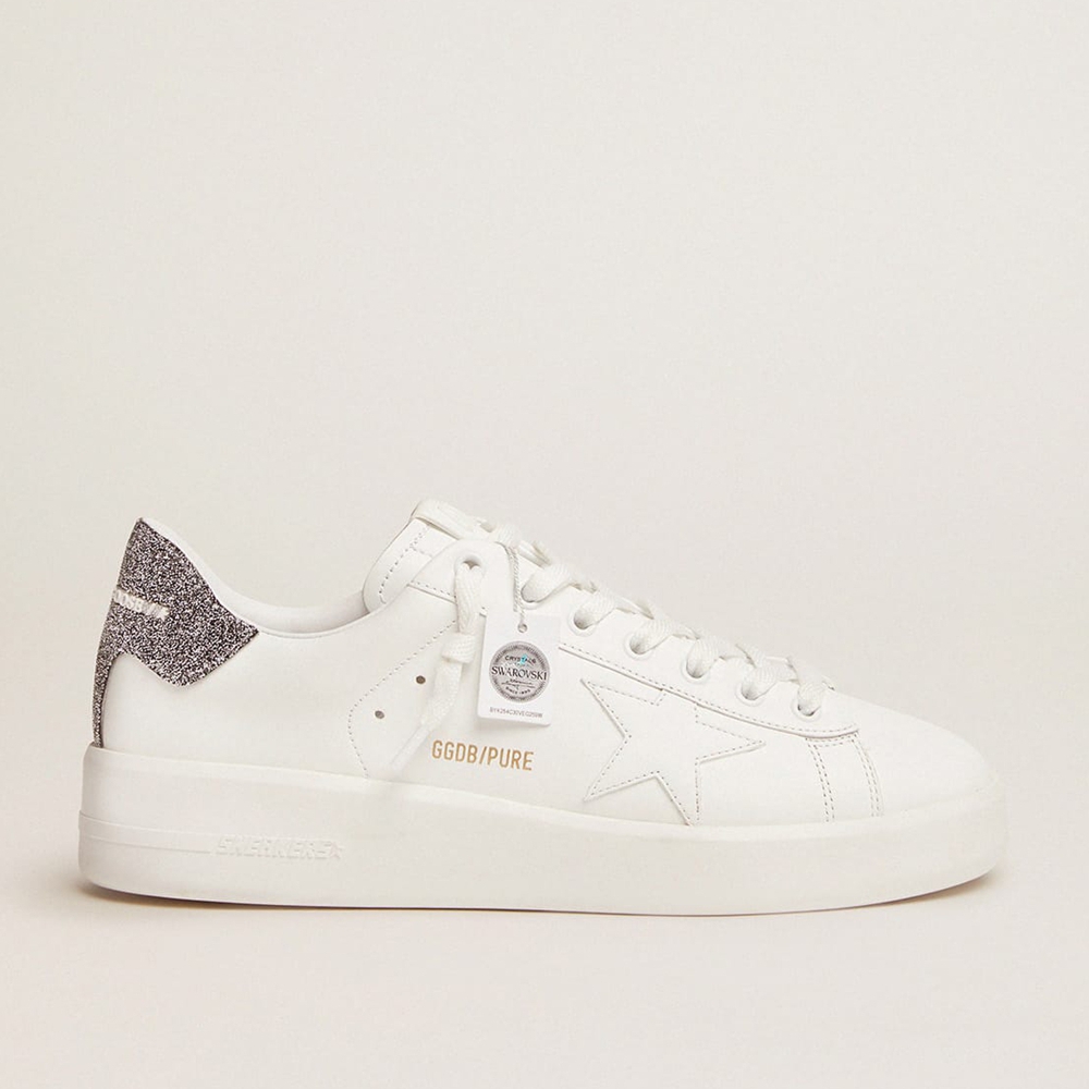 Golden Goose Purestar Sneakers In White Leather With Silver Swarovski Crystal Heel Tab GWF00197.F002027.80185