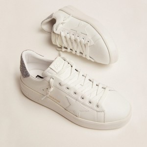 Golden Goose Purestar Sneakers In White Leather With Silver Swarovski Crystal Heel Tab GWF00197.F002027.80185