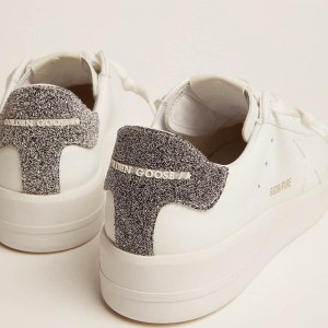 Golden Goose Purestar Sneakers In White Leather With Silver Swarovski Crystal Heel Tab GWF00197.F002027.80185