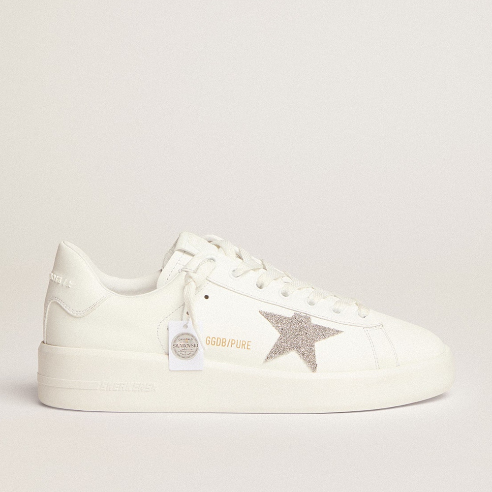 Golden Goose Purestar Sneakers In White Leather With Silver Swarovski Crystal Star GWF00197.F002789.80185