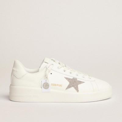 Golden Goose Purestar Sneakers In White Leather With Silver Swarovski Crystal Star GWF00197.F002789.80185