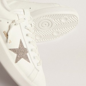 Golden Goose Purestar Sneakers In White Leather With Silver Swarovski Crystal Star GWF00197.F002789.80185