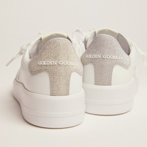 Golden Goose Purestar Sneakers In White Leather With Champagne Glitter Heel Tab GWF00197.F001128.10503