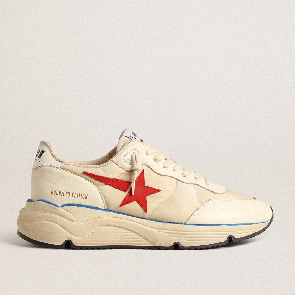 Golden Goose Running Sole LTD Sneakers In Beige Nylon With Red Leather Star GMF00276.F004586.11196