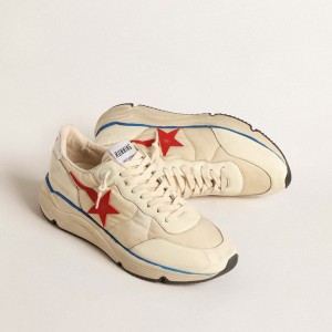 Golden Goose Running Sole LTD Sneakers In Beige Nylon With Red Leather Star GMF00276.F004586.11196