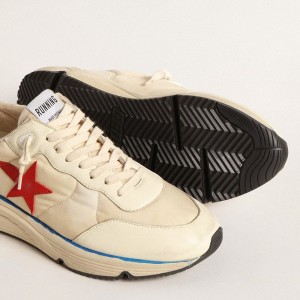 Golden Goose Running Sole LTD Sneakers In Beige Nylon With Red Leather Star GMF00276.F004586.11196