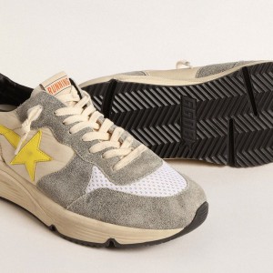 Golden Goose Running Sole Sneakers In Beige Nylon And Gray Suede With Yellow Star GMF00215.F004615.11519