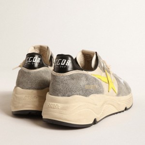 Golden Goose Running Sole Sneakers In Beige Nylon And Gray Suede With Yellow Star GMF00215.F004615.11519