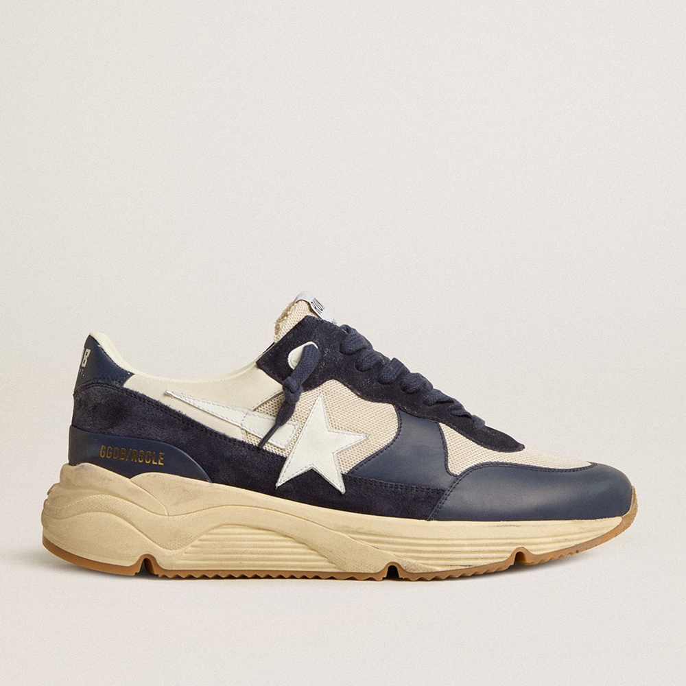 Golden Goose Running Sole Sneakers In Cream Mesh And Blue Leather With A White Leather Star GMF00671.F005279.50823