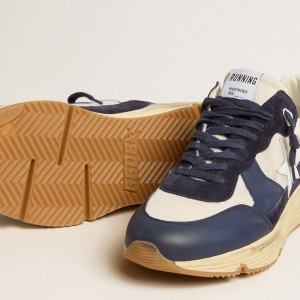 Golden Goose Running Sole Sneakers In Cream Mesh And Blue Leather With A White Leather Star GMF00671.F005279.50823