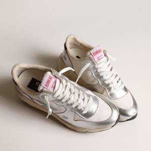 Golden Goose Running Sole Sneakers In Nylon And Silver Metallic Leather With Light Blue Star GWF00458.F003982.70255