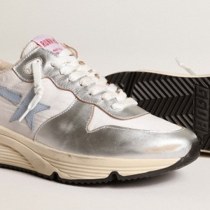 Golden Goose Running Sole Sneakers In Nylon And Silver Metallic Leather With Light Blue Star GWF00458.F003982.70255