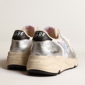 Golden Goose Running Sole Sneakers In Nylon And Silver Metallic Leather With Light Blue Star GWF00458.F003982.70255