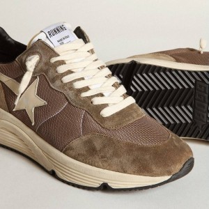 Golden Goose Running Sole Sneakers In Olive Green Mesh And Leather With Cream Star GMF00272.F003249.35812