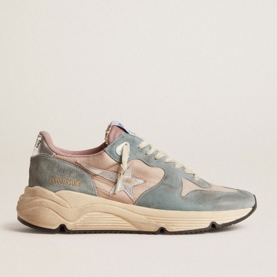 Golden Goose Running Sole Sneakers In Pink Nylon And Light-blue Suede With Silver Leather Star GWF00126.F006054.60530