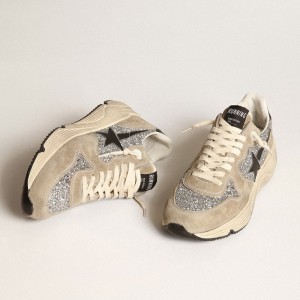 Golden Goose Running Sole Sneakers In Silver Glitter And Dove Gray Suede GWF00126.F003772.60246