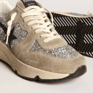 Golden Goose Running Sole Sneakers In Silver Glitter And Dove Gray Suede GWF00126.F003772.60246