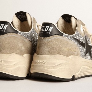 Golden Goose Running Sole Sneakers In Silver Glitter And Dove Gray Suede GWF00126.F003772.60246