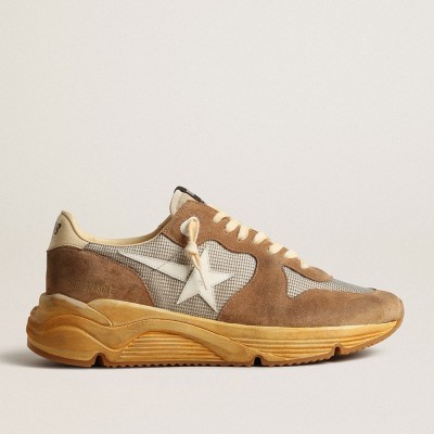 Golden Goose Running Sole Sneakers In Silver Mesh And Tobacco Suede With A White Star GMF00126.F004079.82146