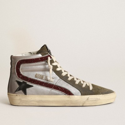 Golden Goose Silver Slide Sneakers With A Black Leather Star And Glitter Flash GWF00115.F003368.81814