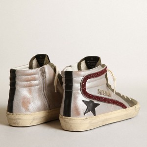 Golden Goose Silver Slide Sneakers With A Black Leather Star And Glitter Flash GWF00115.F003368.81814