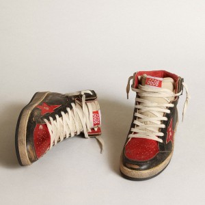 Golden Goose Sky-Star Sneakers In Black Glossy Leather With Red Star GWF00230.F003285.90235