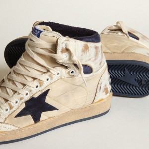 Golden Goose Sky-Star Sneakers In Cream-colored Nylon And Leather With Blue Suede Star GMF00230.F003339.10357