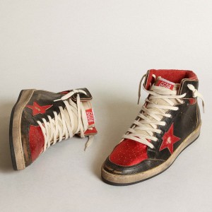 Golden Goose Sky-Star Sneakers In Glossy Black Leather With Red Star GMF00230.F003285.90235