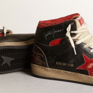 Golden Goose Sky-Star Sneakers In Glossy Black Leather With Red Star GMF00230.F003285.90235