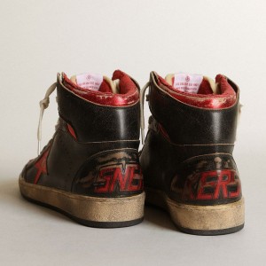 Golden Goose Sky-Star Sneakers In Glossy Black Leather With Red Star GMF00230.F003285.90235