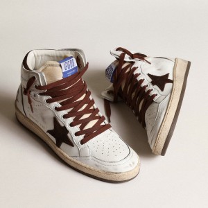 Golden Goose Sky-Star Sneakers In White Nappa Leather With Chocolate Suede Star GWF00230.F004005.11362