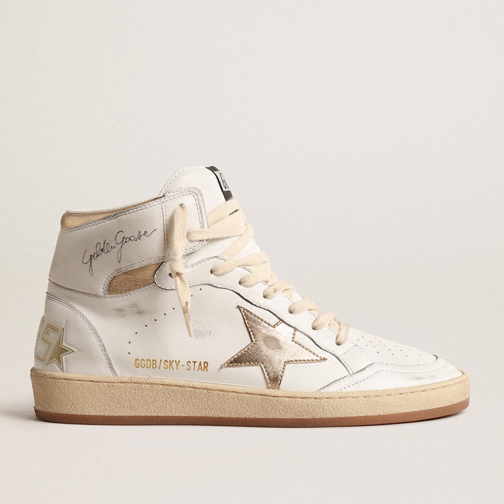 Golden Goose Sky-Star Sneakers In White Nappa Leather With Gold Metallic Leather Star And Heel Tab GWF00230.F004633.11522