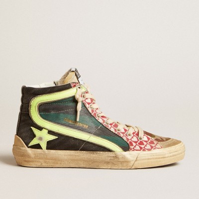 Golden Goose Slide LAB Sneakers In Camo Canvas With Yellow Leather Star And Flash GMF00508.F004407.50772