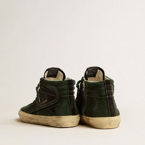 Golden Goose Slide LTD Sneakers In Green Suede And Black Canvas With Suede Star And Flash GMF00116.F005228.35684