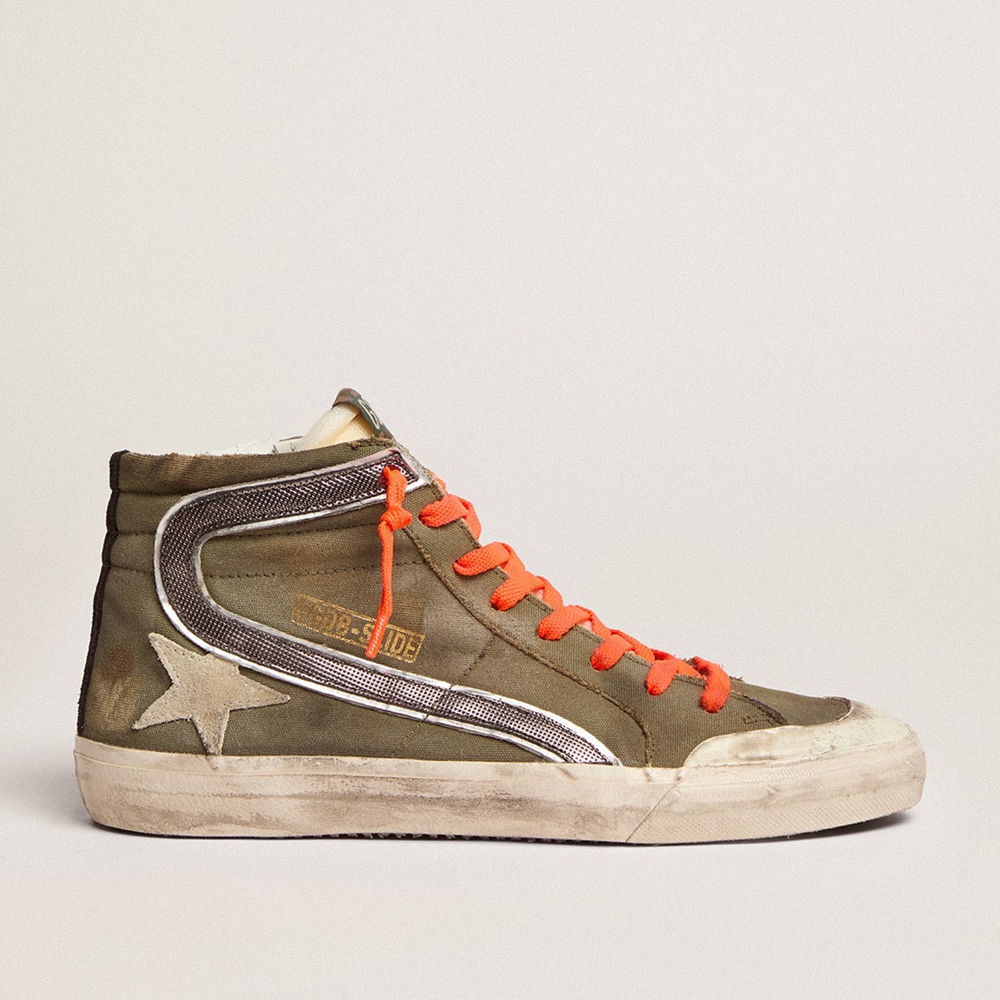 Golden Goose Slide Penstar Sneakers In Army Green Canvas With An Ice-colored Star GMF00211.F002655.35779