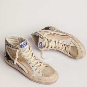 Golden Goose Slide Penstar Sneakers In Cream-colored Canvas And Silver Glitter GWF00286.F002673.81568