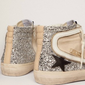 Golden Goose Slide Penstar Sneakers In Cream-colored Canvas And Silver Glitter GWF00286.F002673.81568