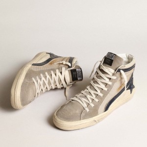 Golden Goose Slide Sneakers In Beige Mesh And Nylon With Blue Leather Star And Flash GMF00116.F003981.81994