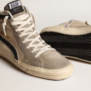 Golden Goose Slide Sneakers In Beige Mesh And Nylon With Blue Leather Star And Flash GMF00116.F003981.81994