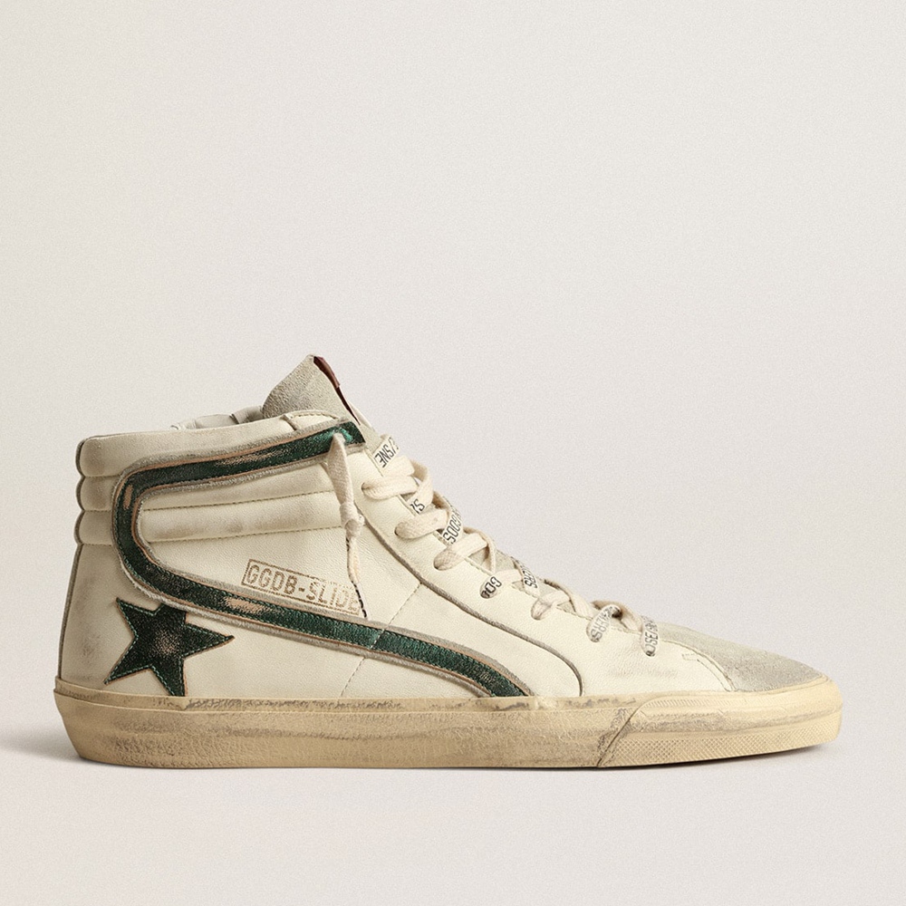 Golden Goose Slide Sneakers In Beige Nappa With Green Laminated Leather Star And Flash GMF00115.F004002.81997