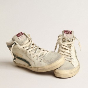 Golden Goose Slide Sneakers In Beige Nappa With Green Laminated Leather Star And Flash GMF00115.F004002.81997