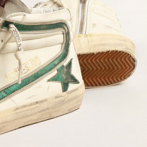 Golden Goose Slide Sneakers In Beige Nappa With Green Laminated Leather Star And Flash GMF00115.F004002.81997