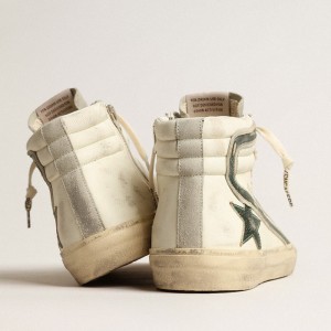 Golden Goose Slide Sneakers In Beige Nappa With Green Laminated Leather Star And Flash GMF00115.F004002.81997