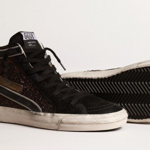 Golden Goose Slide Sneakers In Brown Glitter With Black Leather Star And Flash GWF00115.F003977.81993